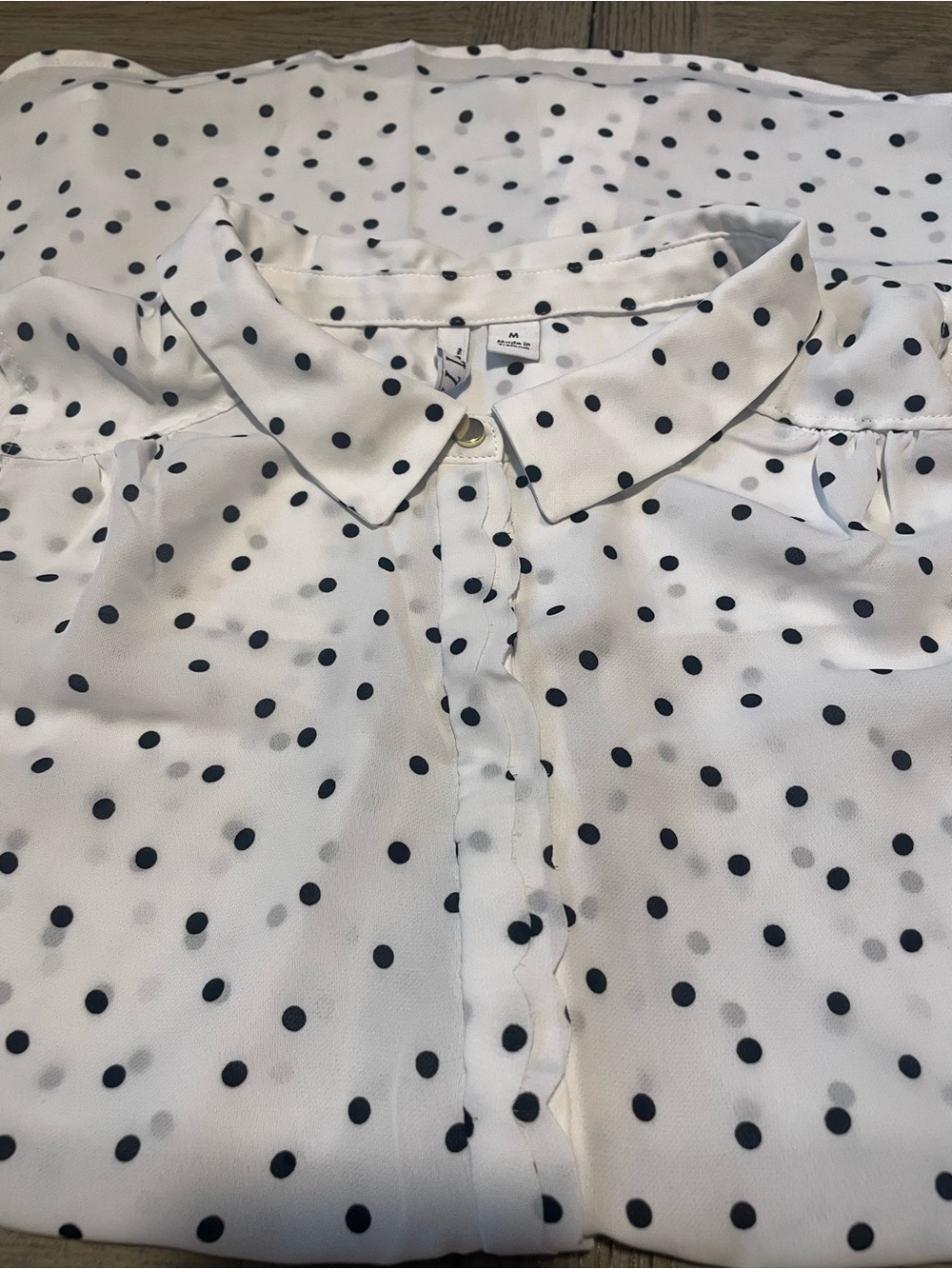 Elle women’s sheer top, medium, white with black polka dots